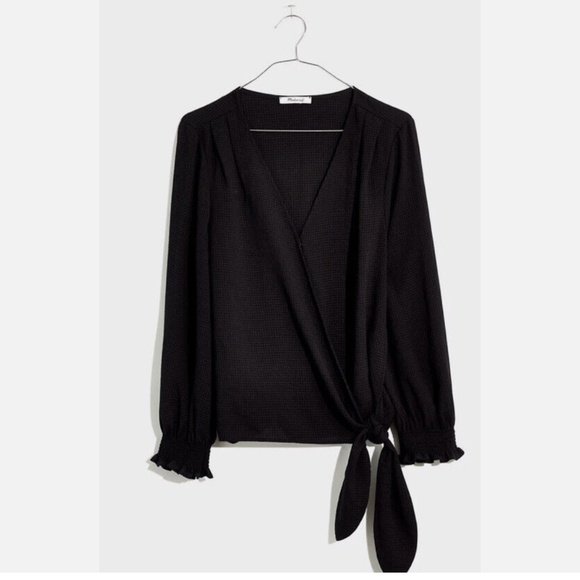 Madewell Black Smocked-Sleeve Wrap Top, Size XXS - Picture 4 of 10